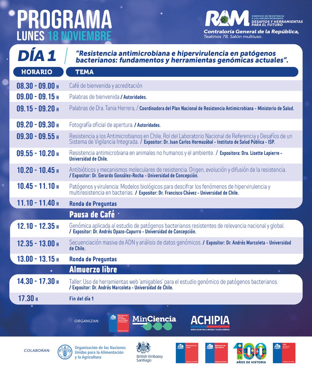 🦠Revisa los expositores y el programa del primer día del “Simposio de Resistencia a los Antimicrobianos”, del 18-20 de noviembre.

📝Inscríbete AQUÍ: docs.google.com/forms/d/e/1FAI…

<a href="/min_ciencia/">Min. Ciencia, Tecnología, Conocimiento</a> <a href="/ACHIPIA/">ACHIPIA</a> <a href="/sagchile/">SAG</a> <a href="/ministeriosalud/">Ministerio de Salud</a> <a href="/MinagriCL/">Ministerio de Agricultura de Chile 🇨🇱</a> <a href="/FAO/">Food and Agriculture Organization</a> #AMR #stopsuperbugs #OneHealth