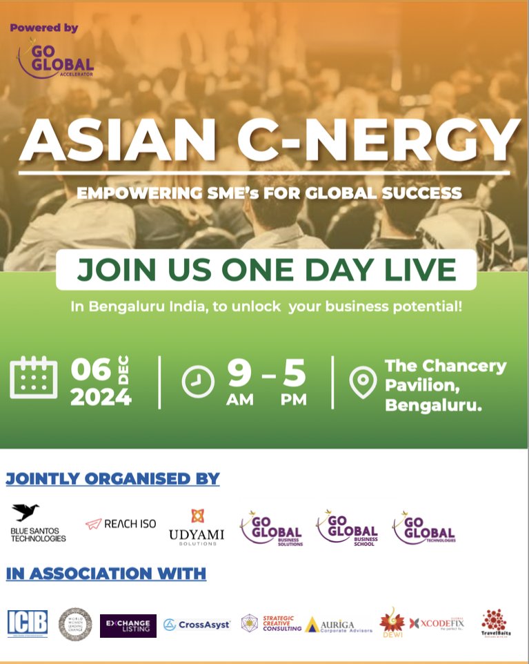 Let's Start 2025 with a Bang!
We are in India - Bangalore, Dec6th to prepare you for that! ONE DAY Asian C-Nergy Summit - Funding &amp; Global Expansion. Our team from Singapore, USA, Japan and India will be there to get into action plan  with you! Register at qrco.de/bfVxti