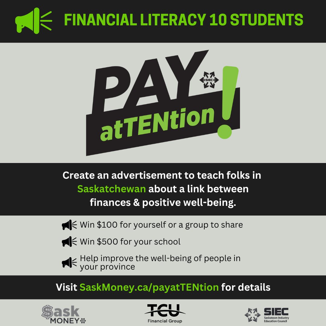 MoneySask's tweet photo. Involved in a new Financial Literacy 10 course this year? Check out https://t.co/GxikFzqfHd for details on a new project powered by TCU Financial Group! There are lots of ways to connect to outcomes in the new curriculum, so check it out with your class! #FinLitSK @saskatooniec https://t.co/4ZTeJXL9Eu