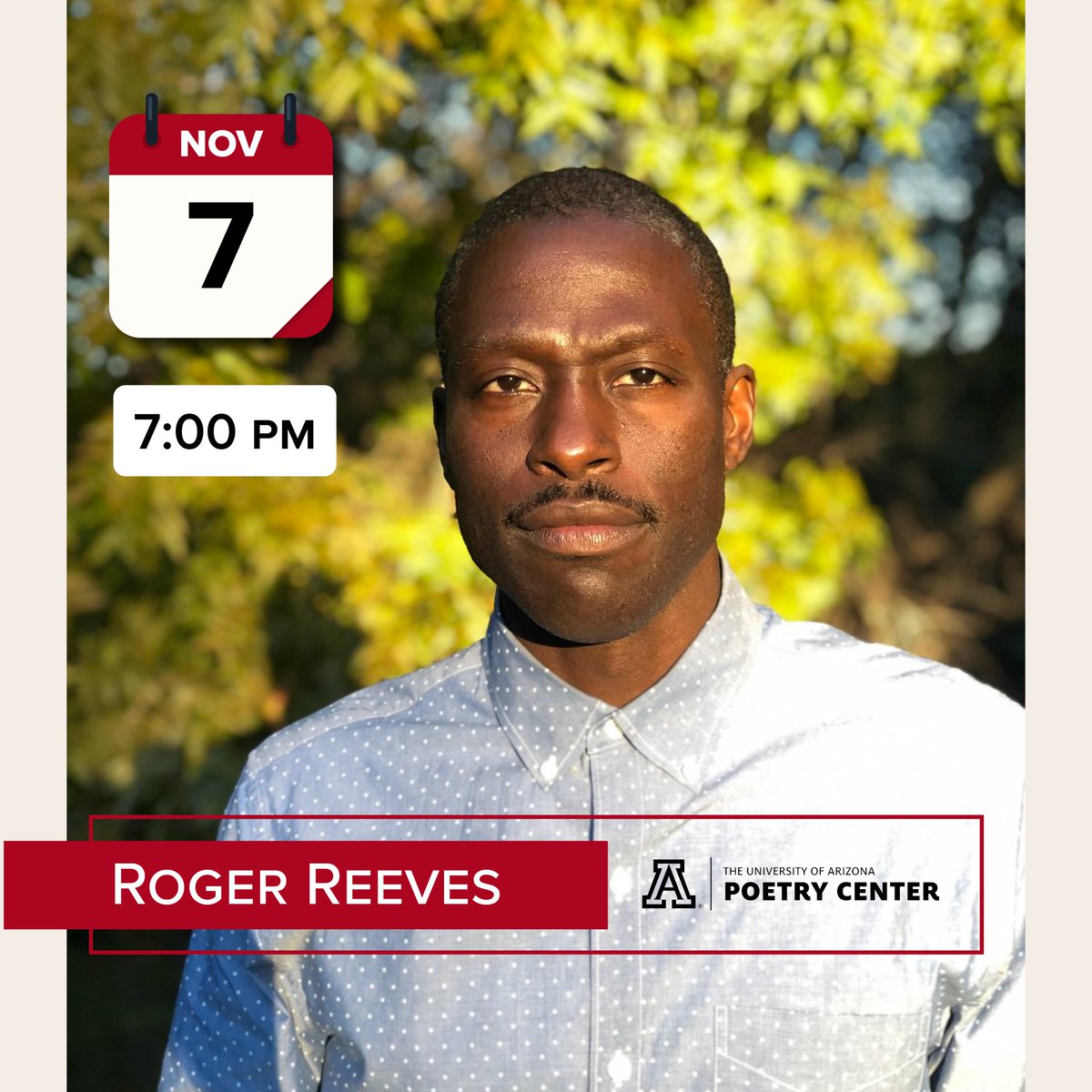 TONIGHT, the Poetry Center is proud to present a reading by Roger Reeves!

Please join us at 7:00 pm or via livestream here: poetry.arizona.edu/readings/live
