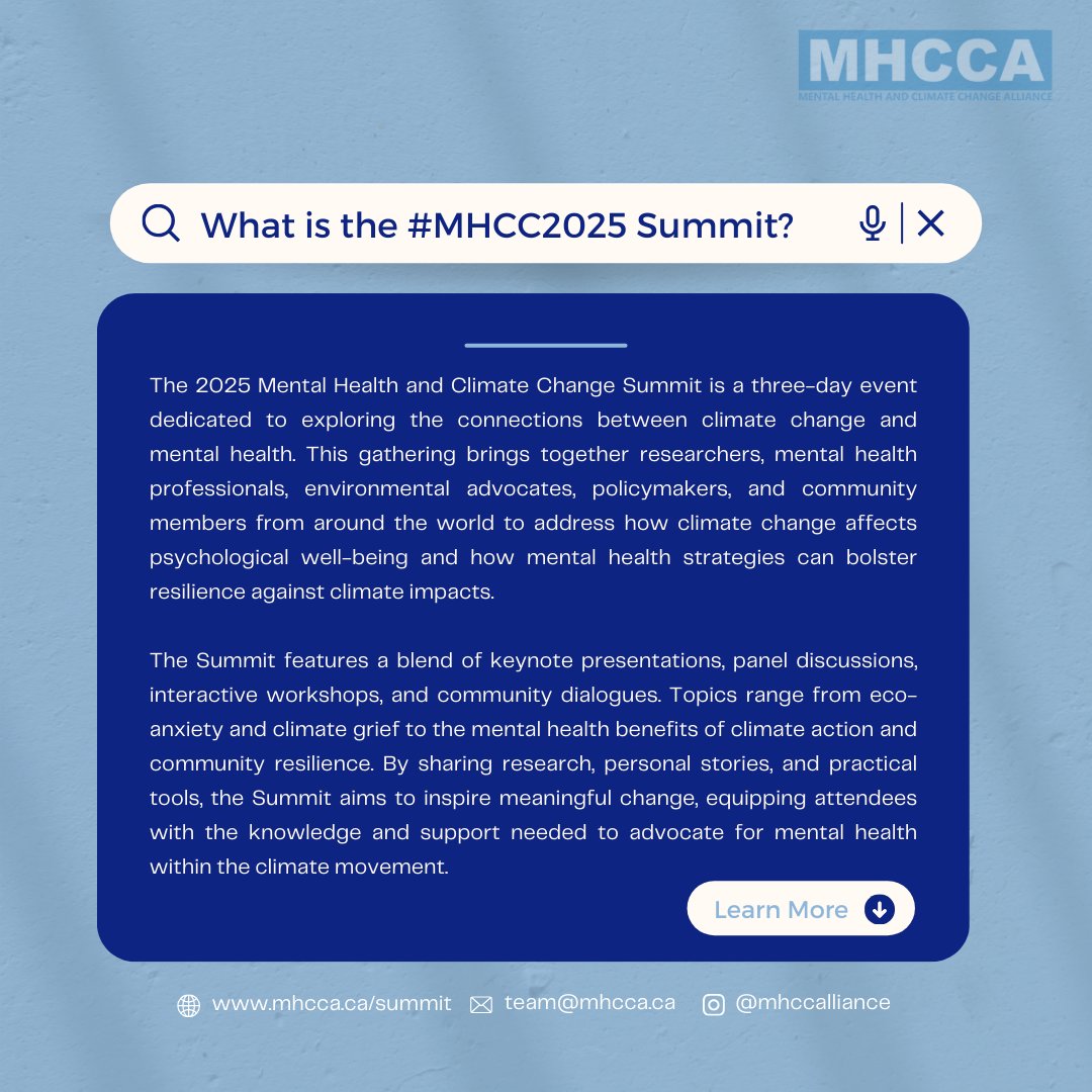 Join us at the #MHCC2025 Summit to tackle the powerful connection between #ClimateChange and #mentalhealth 

Register now: sfu.zoom.us/meeting/regist…