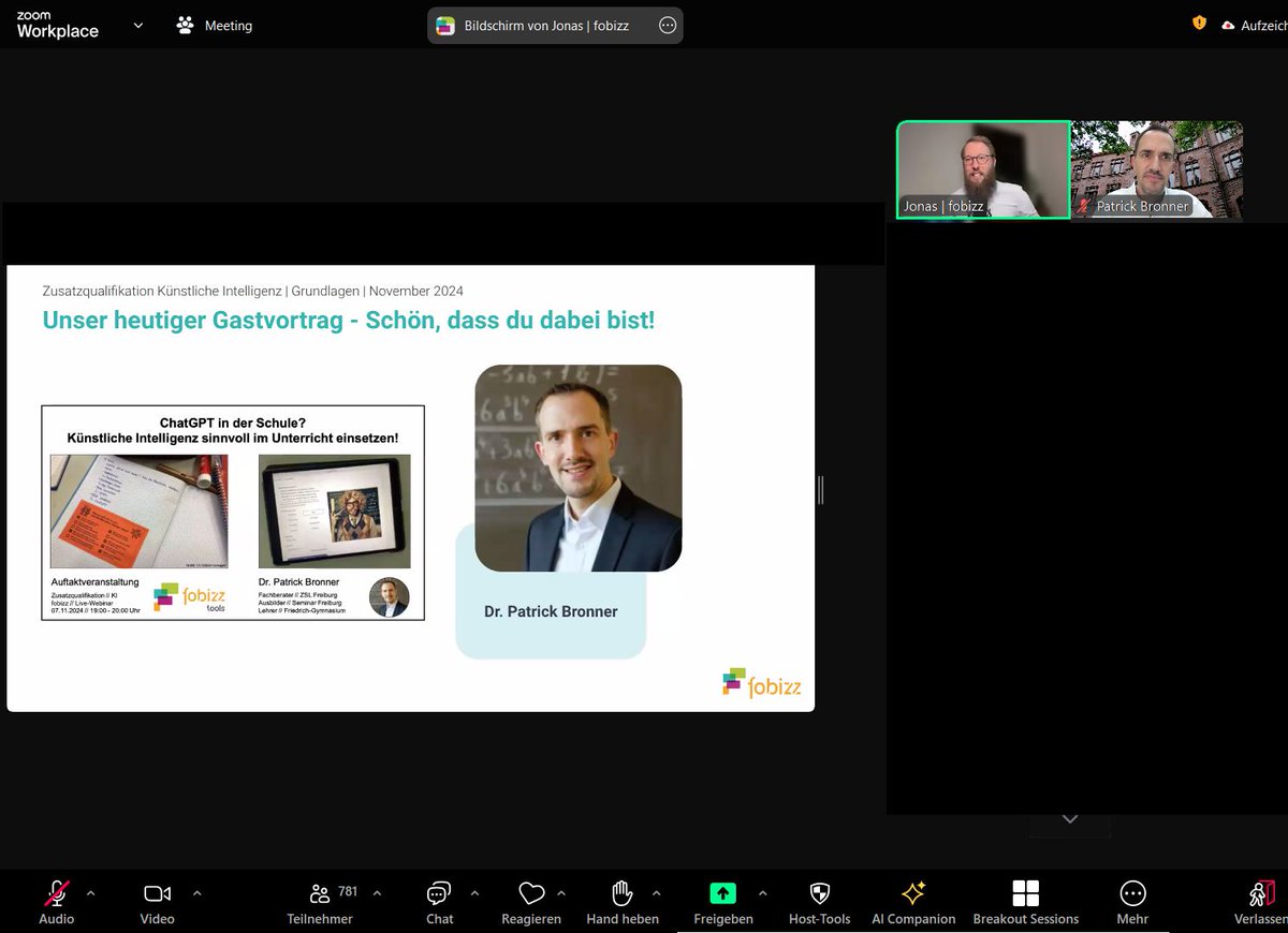 Wow: 780 Teilnehmer*innen bei der Auftaktveranstaltung zur @fobizz KI Zusatzqualifikation!
Das Handout zu meinem Impulsvortrag kann hier heruntergeladen werden: patrickbronner.de/fortbildung