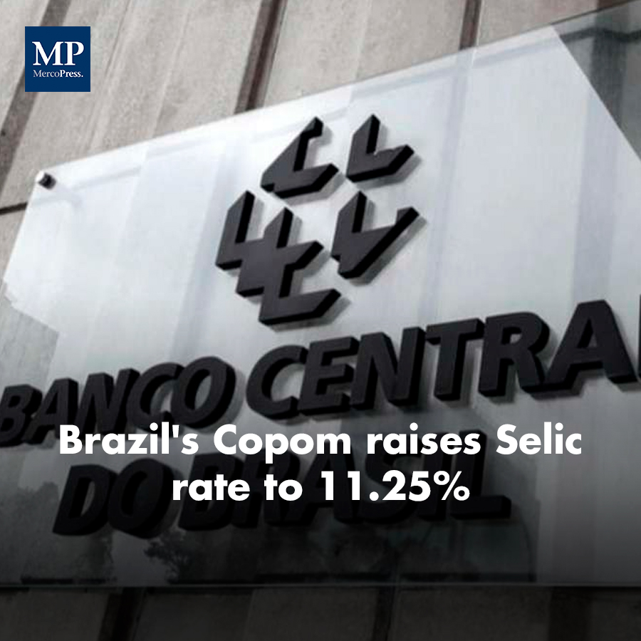 MercoPressNews's tweet image. The #MonetaryPolicyCommittee (Copom) of Brazil's #CentralBank (BCB) Wednesday agreed unanimously to increase the economy's basic interest rate known as Selic by 0.5%age points to 11.25% per year, #AgenciaBrasil reported.