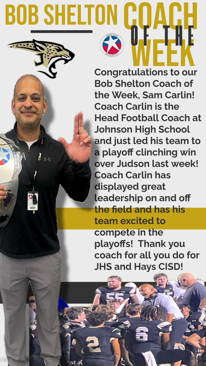 Dusty Gibbs (@dustygibbs18) on Twitter photo Congratulations to our <a href="/HaysCISD/">Hays CISD</a> Bob Shelton Coach of the Week, Sam Carlin! Good luck in the game tonight, Coach! #coachoftheweek <a href="/CoachCarlin/">Sam Carlin</a> <a href="/Coach_Akina/">Ashley Akina</a> <a href="/JhsJags/">JHSJags</a> <a href="/BudaJagsFB/">BudaJagsFootball</a> <a href="/JagsClub/">JAGS Athletic Booster Club</a> <a href="/CoachLMoffett/">Lance Moffett</a> <a href="/drwrighthays/">Dr. Eric Wright</a> Congratulations to our <a href="/HaysCISD/">Hays CISD</a> Bob Shelton Coach of the Week, Sam Carlin! Good luck in the game tonight, Coach! #coachoftheweek <a href="/CoachCarlin/">Sam Carlin</a> <a href="/Coach_Akina/">Ashley Akina</a> <a href="/JhsJags/">JHSJags</a> <a href="/BudaJagsFB/">BudaJagsFootball</a> <a href="/JagsClub/">JAGS Athletic Booster Club</a> <a href="/CoachLMoffett/">Lance Moffett</a> <a href="/drwrighthays/">Dr. Eric Wright</a>