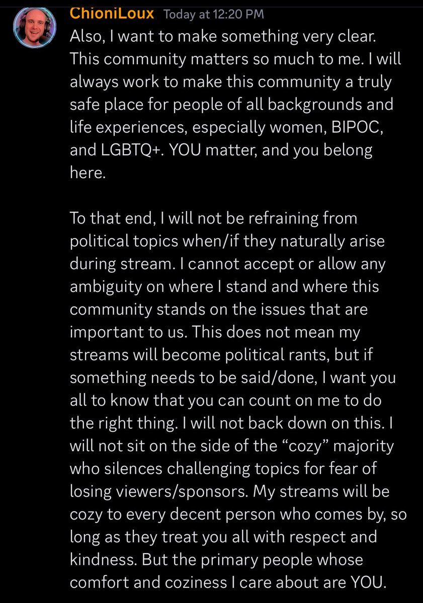 My statement on the matter of politics being discussed on and off stream.