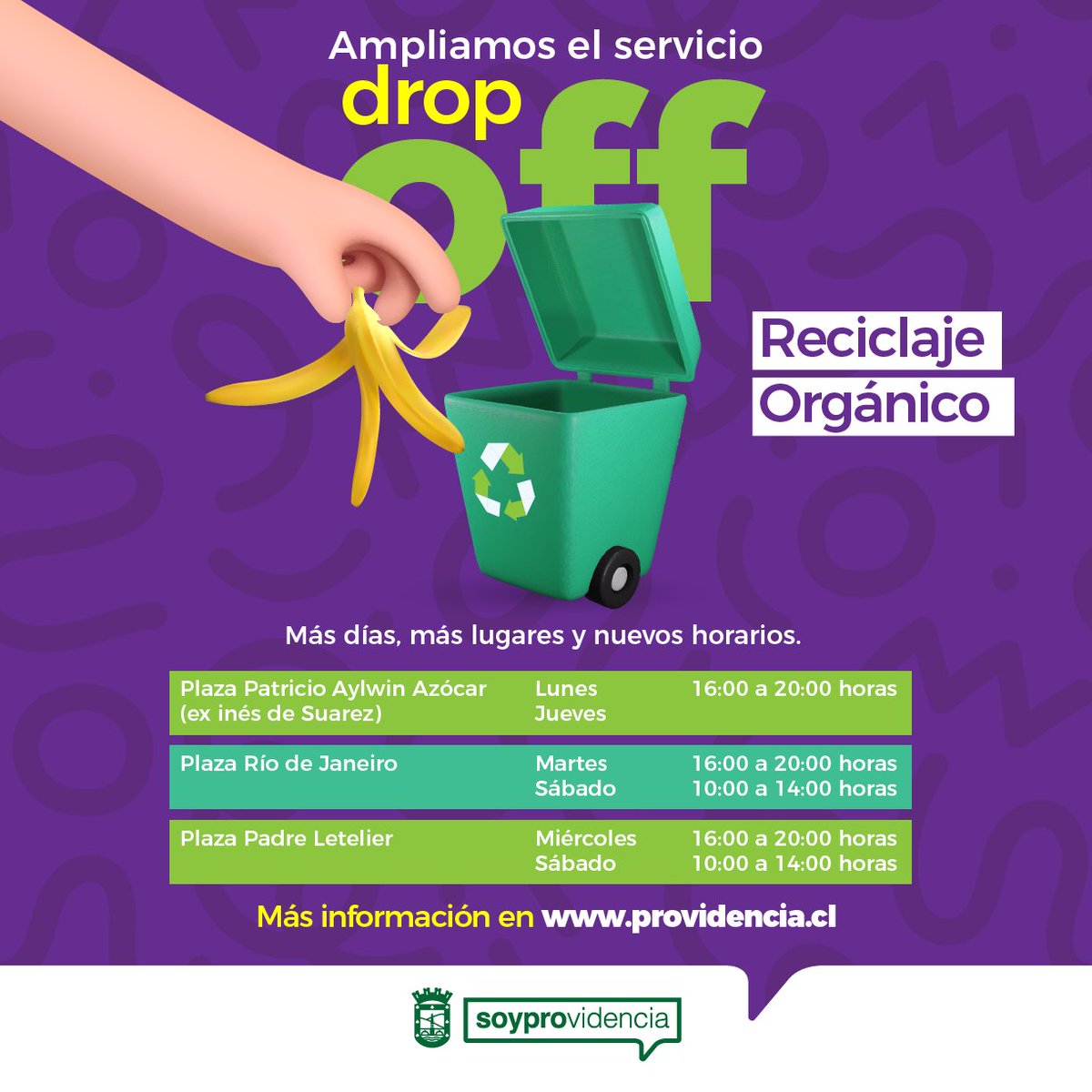 DROP OFF🍌🥦🍓 
¡Prográmate desde ya! En Providencia reciclamos todo, incluso tus residuos orgánicos, solo debes separarlos y llevarlos a los puntos que se indican en la imagen. ¡Revísala y acude a la ubicación más cercana a ti! Más detalles, acá👉🏽providencia.cl/provi/vive/med…