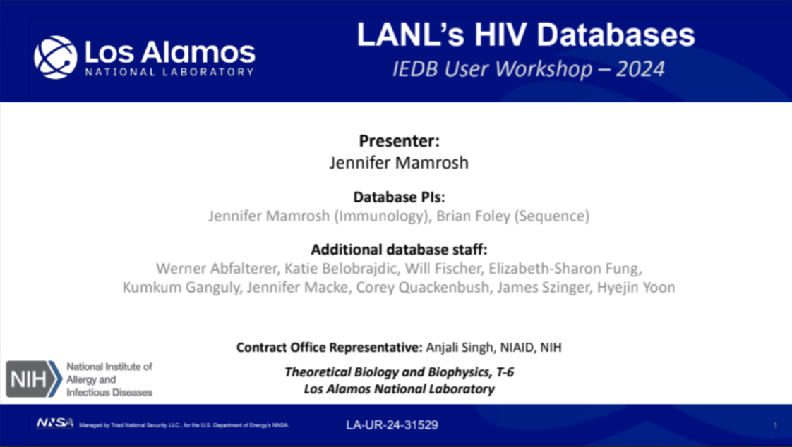 iedb_'s tweet image. The IEDB User Workshop is an opportunity to showcase other NIH resources, such as those from the @LosAlamosNatLab. Next, we hear from Dr. Jennifer Mamrosh, PI of the LANL HIV Immunology Database, as she discusses the HIV resources with real research examples #iedbuw2024