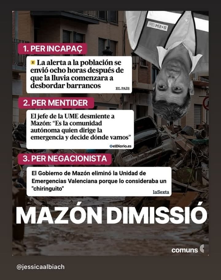 #ValenciaIndignada
Con quienes tardaron 8 horas en dar la alerta de Protección Civil.
Con quienes estuvieron 72 horas sin pedir ayuda al gobierno central.
Con quienes desmantelaron la UVE.
Con quienes niegan el cambio climático y sus desastrosas consecuencias.
#MazónDimisión