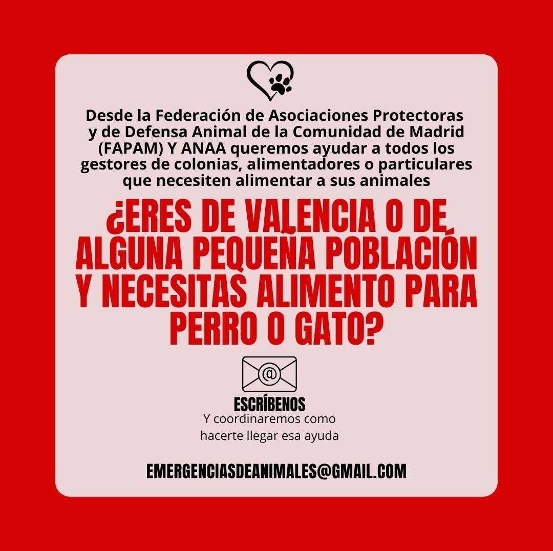 APAPAlcala's tweet photo. En momentos así en cuando más unidos tenemos que estar 🆘
Si gestionas una colonia, te encargas de la alimentación o eres un particular y necesitas alimento para tu gato o perro
Escribe a  ✍🏻 emergenciasdeanimales@gmail.com 
#ayudananimales #emergencia https://t.co/n7KWMlVGgL