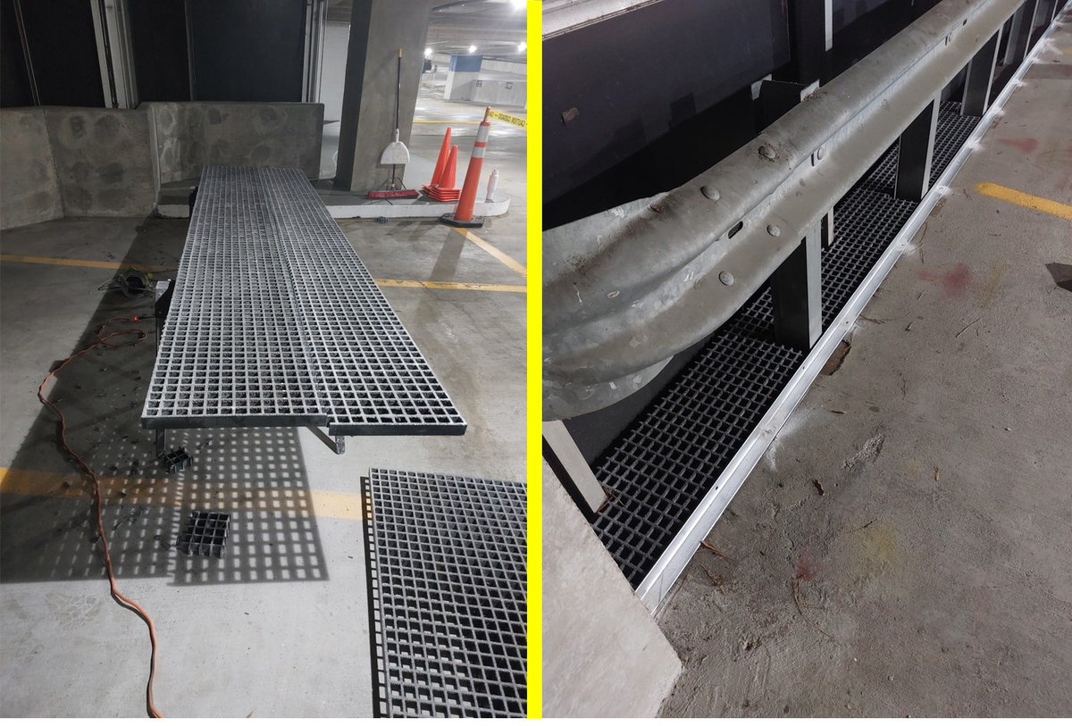 Reliant Building Solutions completed work on a parking deck that involved installing guardrails and fiberglass grates. These fiberglass grates were placed behind the guardrails.  They are easy to handle, cut and install, yet they are extremely strong.