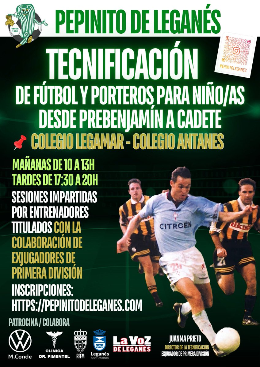 ¡Ya estamos aquí! La ilusión de un niño es el sueño de un padre y todo sueño tiene un camino.

pepinitodeleganes.com

Apúntate y sueña con nosotros... #futbol #tecnificacion #talleres #campus