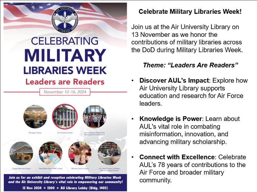MSFRIC's tweet photo. On Thursday, November 13th, at 1:00 P.M. in the AUL Lobby - You're invited to enjoy cake and honor the contributions of military libraries across the Department of Defense. Library staff will be on hand to answer questions and provide tours!
#AUL #AirUniv #MilitaryLibraries https://t.co/bcQhZpqvE5