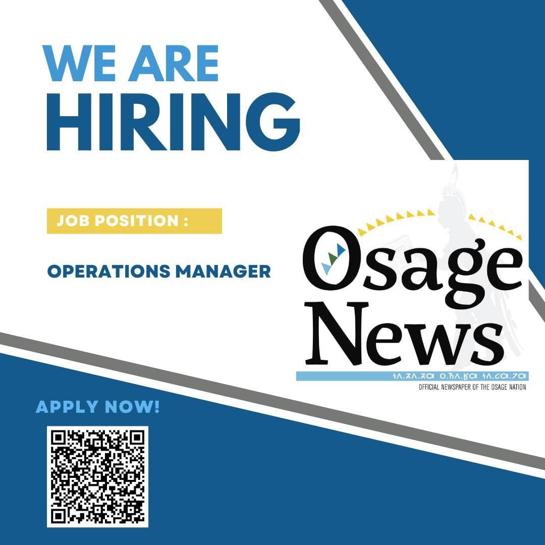 The Osage News is hiring! We are in search of an Operations Manager to join our award-winning team. To apply, click on the link below or scan the QR code! This job opening will close on Dec. 7, 2024. 

paycomonline.net/v4/ats/web.php…