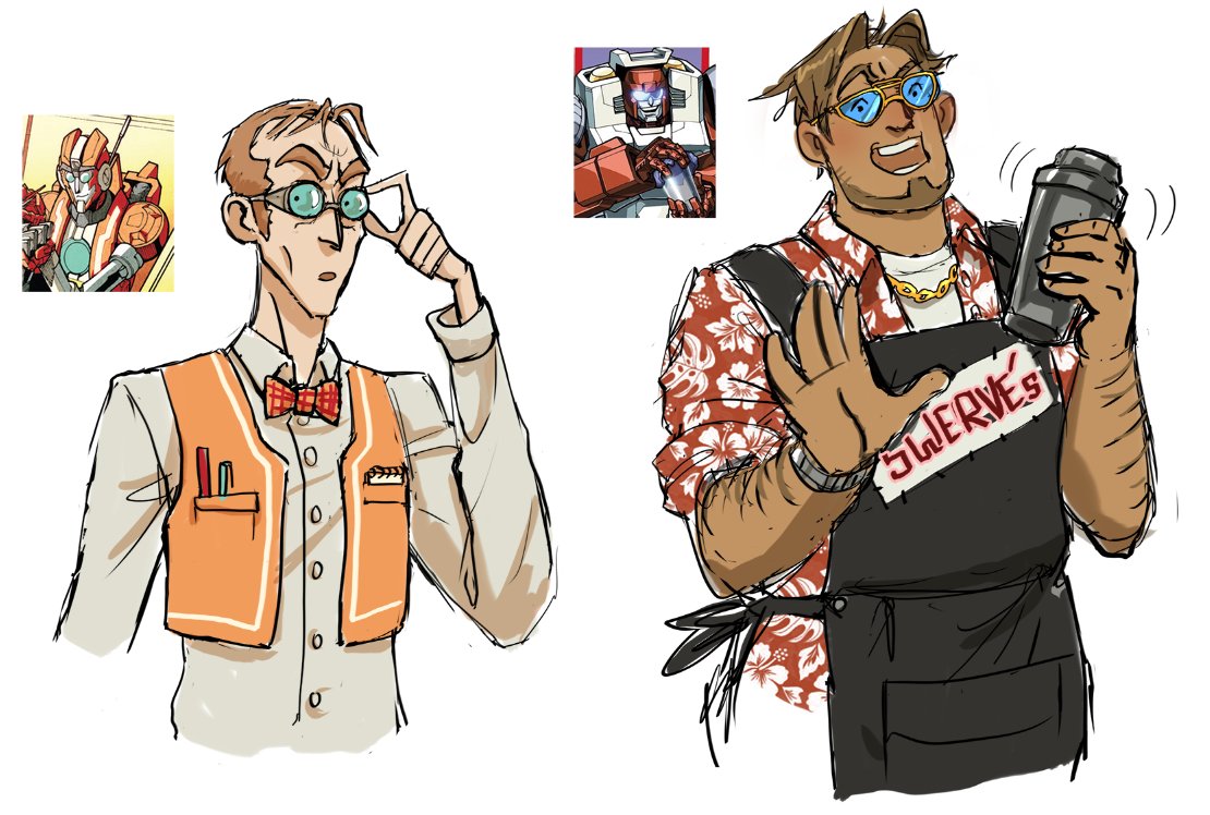 Wilkoak_2Point0's tweet photo. I neglected posting more of the human Lost Lighter's. This time it's some nerds. a shrink, and everyone's favourite bartender! #mtmte #Maccadam #rung #swerve #perceptor #brainstorm #Transformers https://t.co/UM89LHWqrb