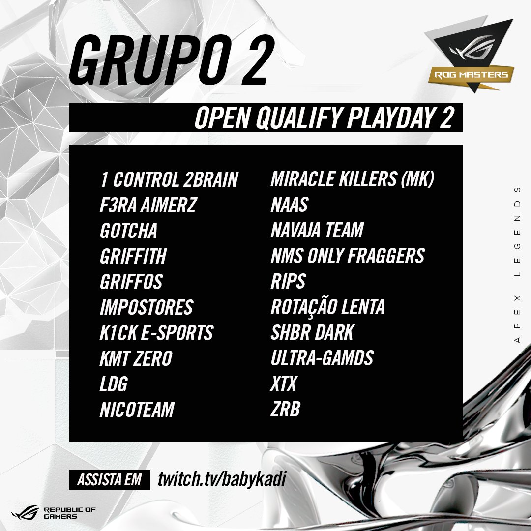 asusgamingbr's tweet photo. 💥🏆 Hoje tem mais Qualificatória do ROG Masters de APEX Legends. Para qual equipe vai sua torcida?
Assista em https://t.co/NglyJpD6qF https://t.co/7Y6Gomqf2b