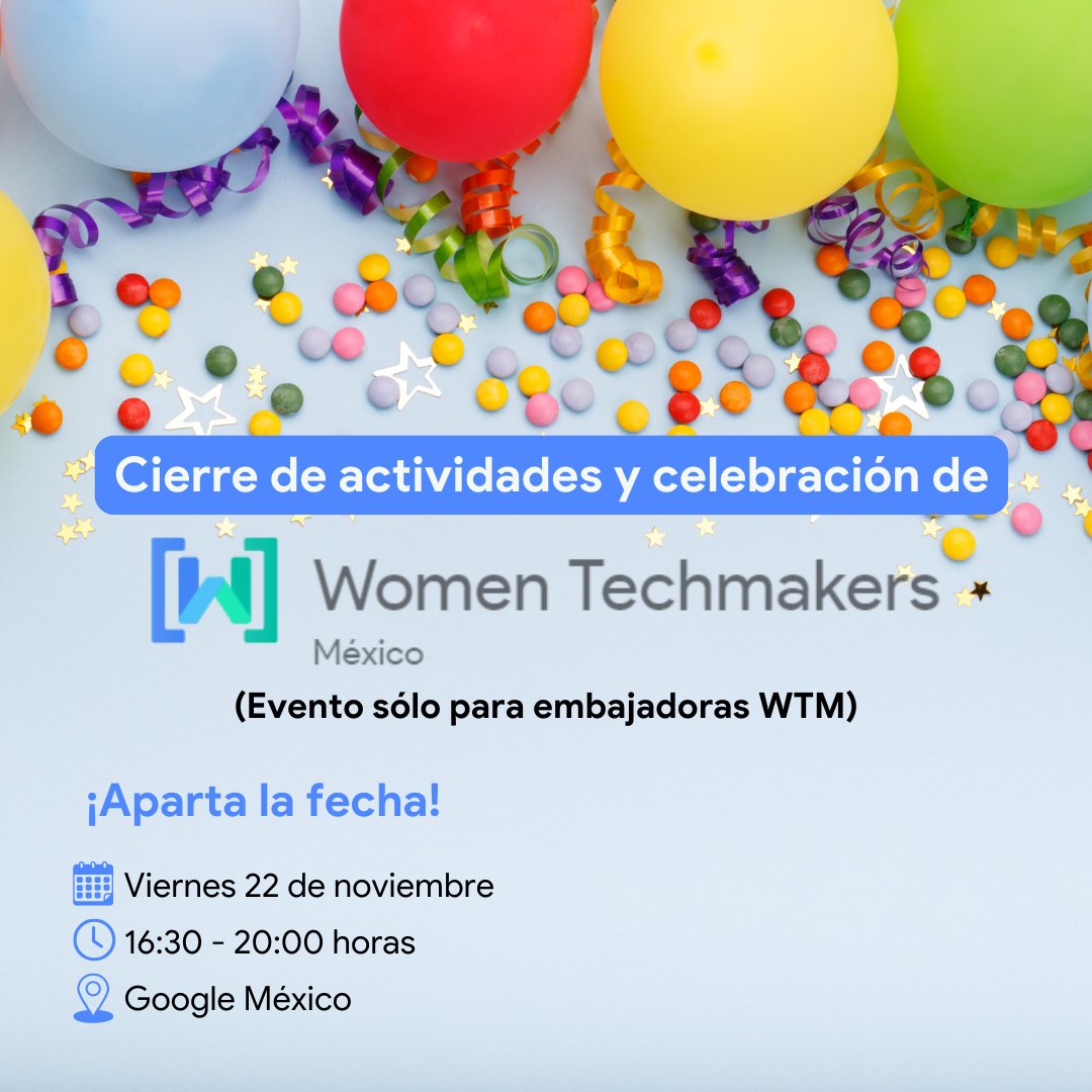 Con mucha emoción llegamos al cierre de año y de actividades de la comunidad 🥂🎉
Invitamos a ser parte de este evento de cierre y celebración de embajadoras Women Techmakers México. Acompáñanos a brindar por los logros💜
📅 Viernes 22 de noviembre. Cupo limitado