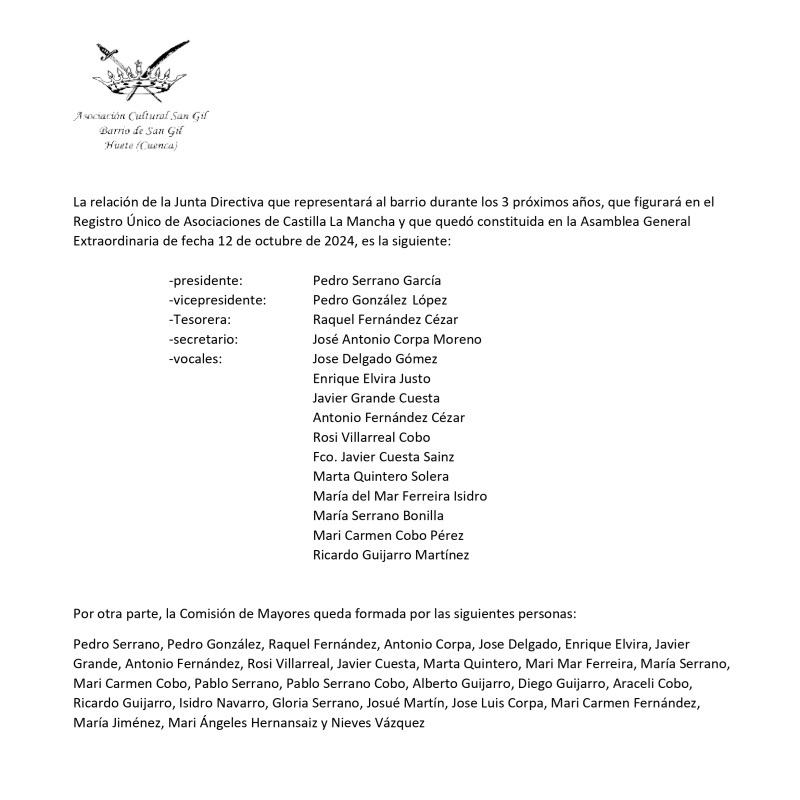 Informamos que tras la reunión mantenida en la Asamblea General Extraordinaria el pasado día 12 de octubre, queda así formada la relación de la Junta Directiva para los próximos tres años.

Dar la bienvenida a los nuevos integrantes tanto de la Junta Directiva como de la Comisión