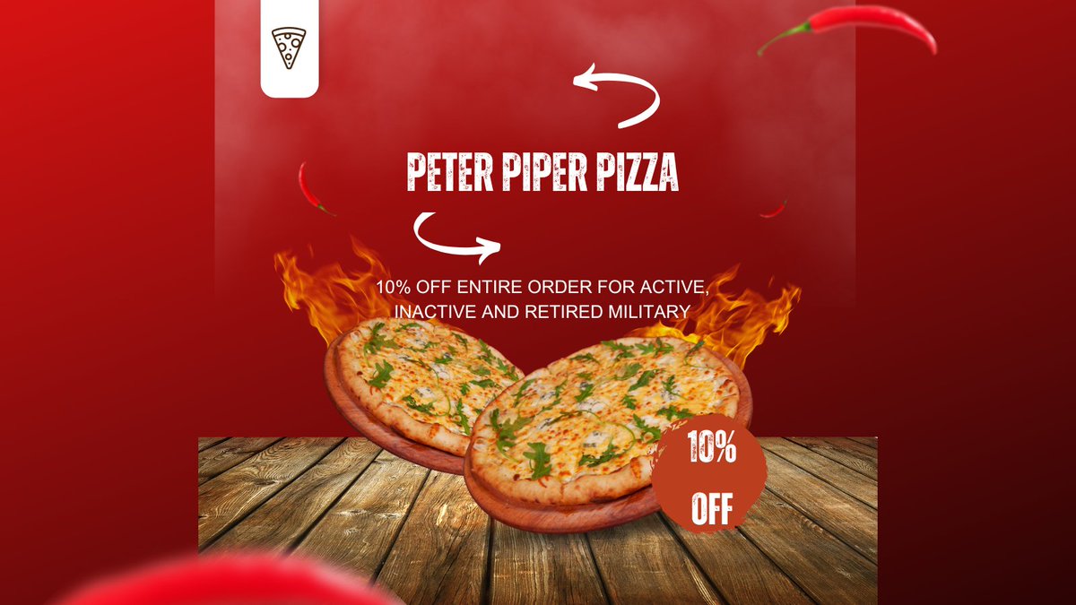 heycouponspizza's tweet image. Military personnel, enjoy 10% off at Peter Piper Pizza on Veterans Day! Great for family pizza dinners and new food ideas. 🍕 #FoodForFamily #PizzaSelberMachen #ThankYouVets