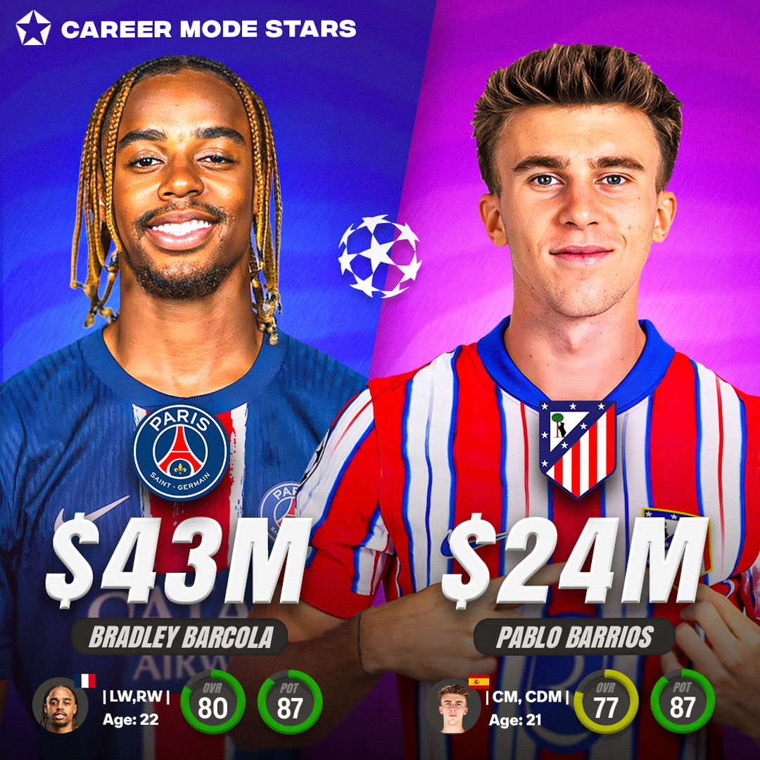 𝗨𝗖𝗟 𝗠𝗮𝘁𝗰𝗵𝘂𝗽 𝗣𝗦𝗚 𝘃 𝗔𝘁𝗹𝗲𝘁𝗶𝗰𝗼 🌟 #FC25 

🇫🇷 Bradley Barcola (PSG)
🇪🇸 Pablo Barrios (Atletico Madrid)