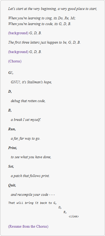 BeutelBecca's tweet photo. learned about the *official* #GDB song today and it has both taught me new commands AND actually made me happier about #debugging  (note: its important to sing it for the magic of the song to take effect)
https://t.co/cLqRJTCLCw https://t.co/H6Hbw4AQYf