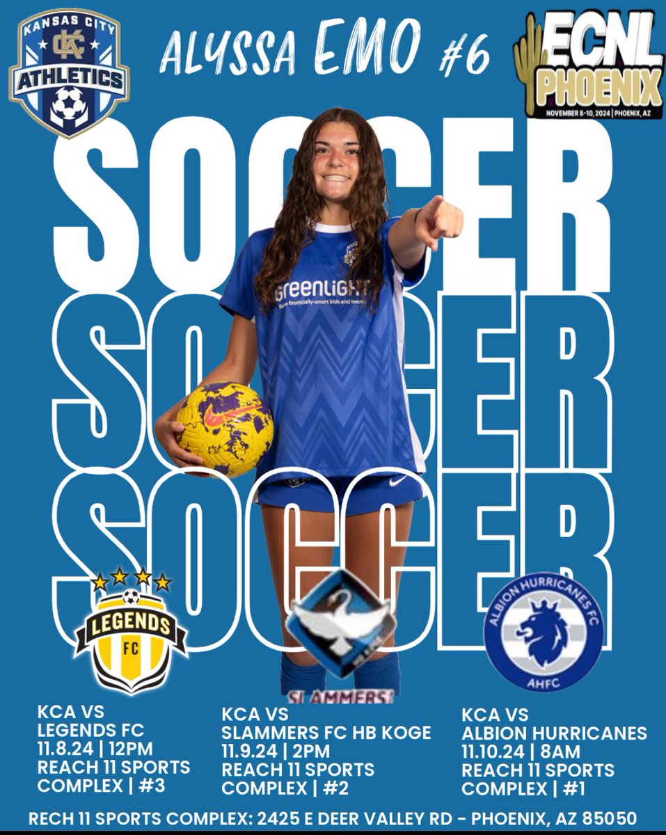 Alyssa Emo (@alyssaemo6) on Twitter photo Can’t wait for Phoenix! <a href="/ECNLgirls/">ECNL Girls</a> <a href="/AthleticsKC/">KC Athletics Soccer Club</a> <a href="/KUWSoccer/">Kansas Soccer</a> <a href="/KStateSOC/">K-State Soccer</a> <a href="/MizzouSoccer/">Mizzou Soccer</a> <a href="/RazorbackSoccer/">Arkansas Soccer</a> <a href="/UKWomensSoccer/">Kentucky Women's Soccer</a> <a href="/TCUSoccer/">TCU Soccer</a> <a href="/CowgirlFC/">OSU Cowgirl Soccer</a> <a href="/HawkeyeSoccer/">Hawkeye Soccer</a> <a href="/CUBuffsSoccer/">Colorado Buffaloes Soccer</a> <a href="/Vol_Soccer/">Tennessee Soccer</a> <a href="/SunDevilSoccer/">Sun Devil Soccer</a> <a href="/umichwsoccer/">Michigan Women’s Soccer</a> <a href="/byusoccer_w/">BYU Women's Soccer</a> <a href="/NUWSoccer/">Northwestern Soccer</a> <a href="/IlliniSoccer/">Illinois Soccer</a> <a href="/GoBearcatsWSOC/">Cincinnati Women's Soccer</a> <a href="/HuskerSoccer/">Nebraska Soccer</a> Can’t wait for Phoenix! <a href="/ECNLgirls/">ECNL Girls</a> <a href="/AthleticsKC/">KC Athletics Soccer Club</a> <a href="/KUWSoccer/">Kansas Soccer</a> <a href="/KStateSOC/">K-State Soccer</a> <a href="/MizzouSoccer/">Mizzou Soccer</a> <a href="/RazorbackSoccer/">Arkansas Soccer</a> <a href="/UKWomensSoccer/">Kentucky Women's Soccer</a> <a href="/TCUSoccer/">TCU Soccer</a> <a href="/CowgirlFC/">OSU Cowgirl Soccer</a> <a href="/HawkeyeSoccer/">Hawkeye Soccer</a> <a href="/CUBuffsSoccer/">Colorado Buffaloes Soccer</a> <a href="/Vol_Soccer/">Tennessee Soccer</a> <a href="/SunDevilSoccer/">Sun Devil Soccer</a> <a href="/umichwsoccer/">Michigan Women’s Soccer</a> <a href="/byusoccer_w/">BYU Women's Soccer</a> <a href="/NUWSoccer/">Northwestern Soccer</a> <a href="/IlliniSoccer/">Illinois Soccer</a> <a href="/GoBearcatsWSOC/">Cincinnati Women's Soccer</a> <a href="/HuskerSoccer/">Nebraska Soccer</a>