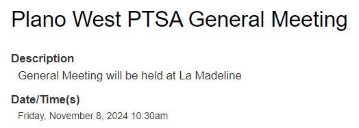 Tomorrow:  Please note location (La Madeline at Park and Preston)
planowestptsa.membershiptoolkit.com/calendar/event…