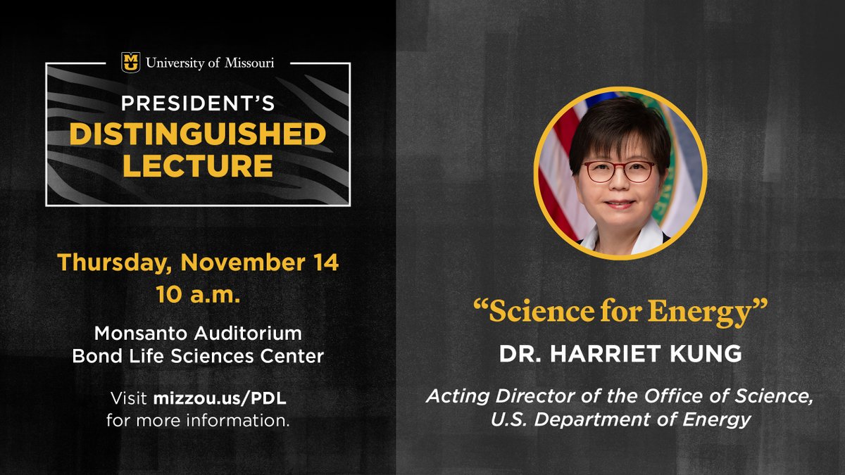Mizzou (@mizzou) on Twitter photo Reminder: <a href="/ENERGY/">U.S. Department of Energy</a>'s Harriet Kung will host "Science of Energy" at next week's 2024 President's Distinguished Lecture. Join us at the Bond Life Sciences Center at 10 a.m. on Thursday, Nov. 14.
Learn more about the event ➡️ brnw.ch/21wOsrP Reminder: <a href="/ENERGY/">U.S. Department of Energy</a>'s Harriet Kung will host "Science of Energy" at next week's 2024 President's Distinguished Lecture. Join us at the Bond Life Sciences Center at 10 a.m. on Thursday, Nov. 14.
Learn more about the event ➡️ brnw.ch/21wOsrP