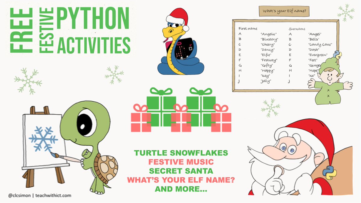 IT'S CHRISTMAS!!! (Well, almost!). Feeling festive? Here is an assortment of computing activities for #CSEdWeek
Scratch &gt;&gt; teachwithict.com/festivescratch…
Python &gt;&gt; teachwithict.com/festive-python…
Computing &gt;&gt; teachwithict.com/festive.html
#caschat