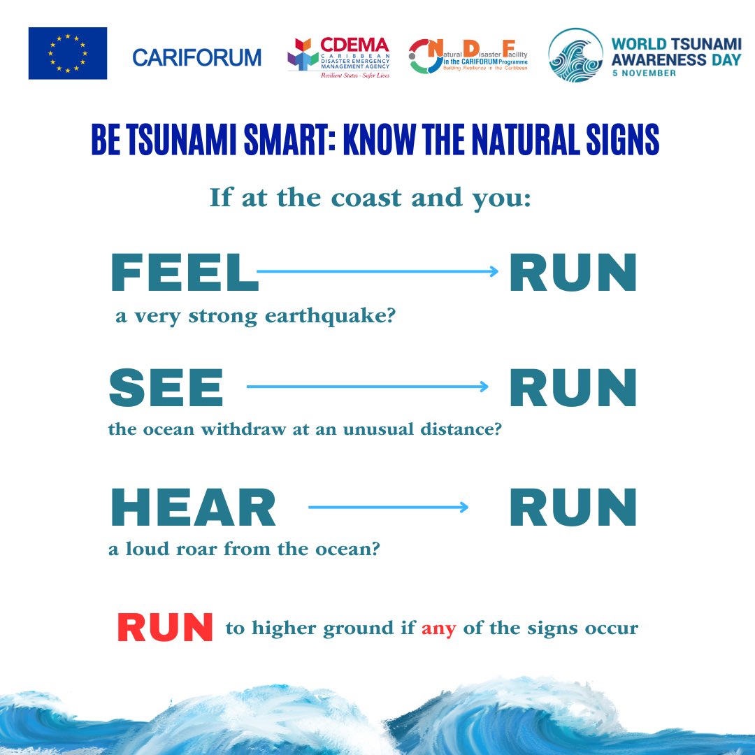 🚨🌊 Tsunami Safety 🌊🚨
Feel an earthquake? See the ocean suddenly recede? Hear a loud roar from the sea?

DON’T WAIT. RUN to higher ground immediately.

Nature's warnings can save lives. Stay alert, stay safe! 

#TsunamiPreparedness #CDEMA #BRICSProgramme