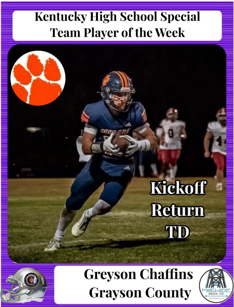 54 Sports Network🎙 (@54sportsnetwork) on Twitter photo The Will Show’s KY HS Football Special Team Player of the Wk, sponsored by <a href="/MileWideBeer/">Mile Wide Beer Co.</a> …. is <a href="/gchs_cougars/">Grayson County High</a> <a href="/ChaffinsGreyson/">Greyson Chaffins</a> …..Congratulations. #highschoolfootball #highschoolsports #TheWillShow The Will Show’s KY HS Football Special Team Player of the Wk, sponsored by <a href="/MileWideBeer/">Mile Wide Beer Co.</a> …. is <a href="/gchs_cougars/">Grayson County High</a> <a href="/ChaffinsGreyson/">Greyson Chaffins</a> …..Congratulations. #highschoolfootball #highschoolsports #TheWillShow