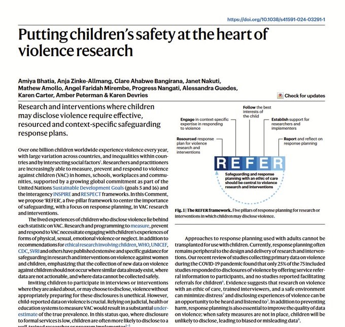 As we kick off the 1st ministerial conference to #EndVAC in Bogota, we argue for:
"Putting children's safety at the heart of violence research"

Read our new <a href="/NatureMedicine/">Nature Medicine</a> comment introducing 5 pillars of safeguarding: REFER 👇
nature.com/articles/s4159…