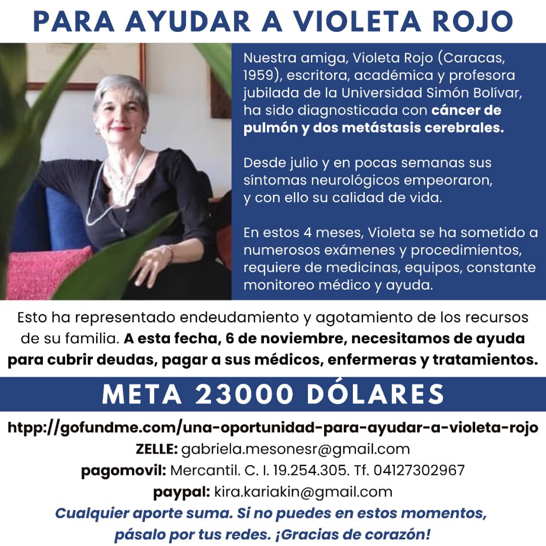 Naky's tweet photo. Mi querida Violeta Rojo necesita ayuda para costear medicinas y tratamientos.

Su familia ha abierto varios sistemas para recibir colaboraciones, por favor, si está en tus posibilidades ayúdala, todo suma. Muchas gracias 🙏🏼

#VamosBermellón 💜❤️ https://t.co/nKyBKzZPAV