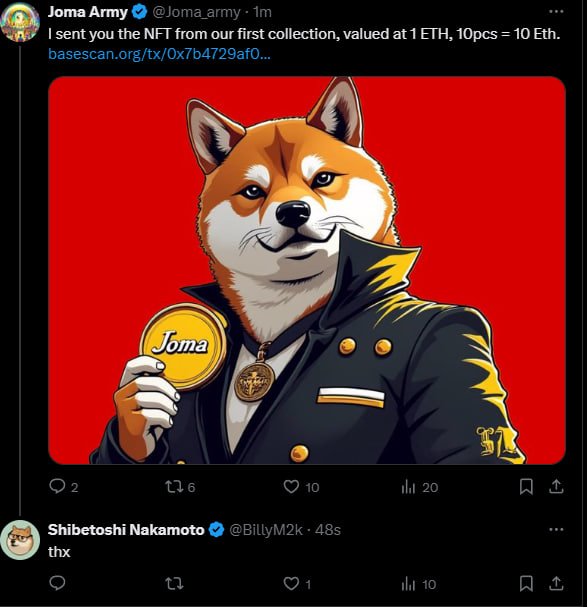 Joma CTO (@jomacto) on Twitter photo Billy, the founder of Dogecoin, is now the new owner of part of Joma's first NFT collection. The value of NFTs is 10 ETH, we can buy it back immediately for 11 ETH. <a href="/BillyM2k/">Shibetoshi Nakamoto</a>
basescan.org/tx/0x7b4729af0… Billy, the founder of Dogecoin, is now the new owner of part of Joma's first NFT collection. The value of NFTs is 10 ETH, we can buy it back immediately for 11 ETH. <a href="/BillyM2k/">Shibetoshi Nakamoto</a>
basescan.org/tx/0x7b4729af0…