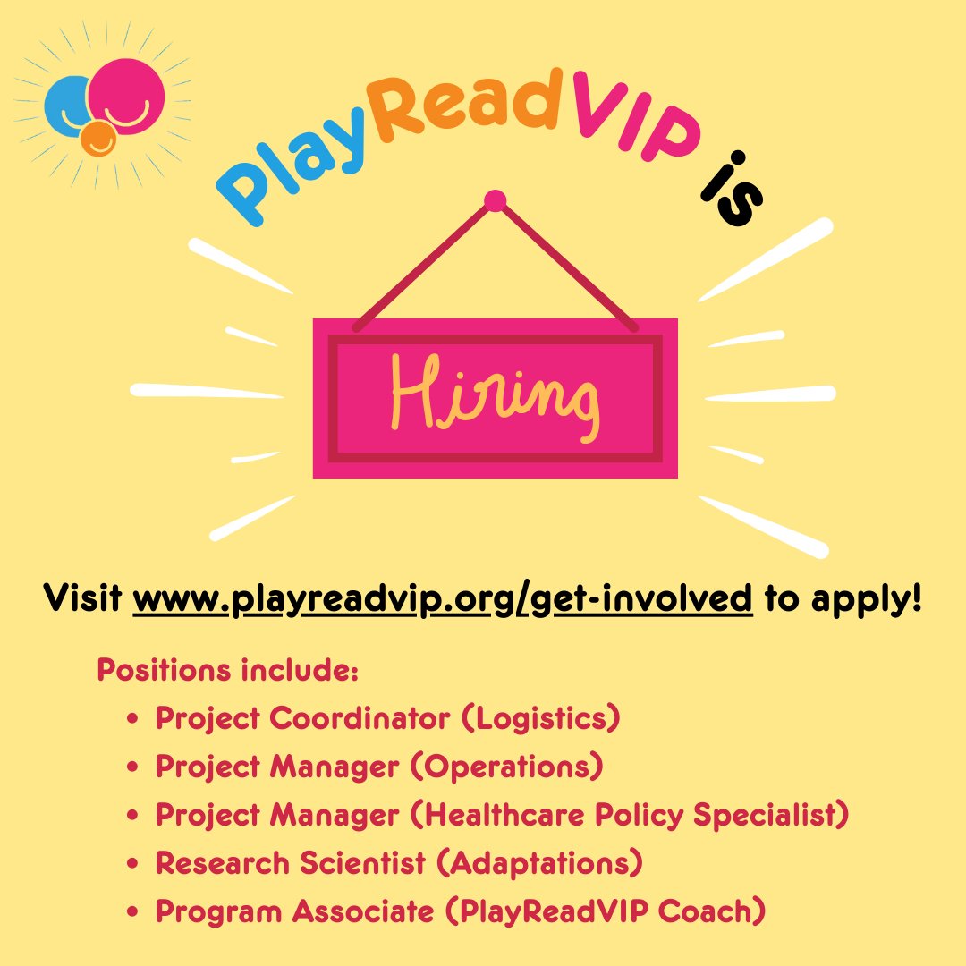📢 Exciting news: The PlayReadVIP National Center is hiring! Multiple positions are now open—join our team and make a difference. 🌟 Apply now at: playreadvip.org/get-involved 
#Hiring #EarlyChildhood #PlayReadVIP #JobOpenings