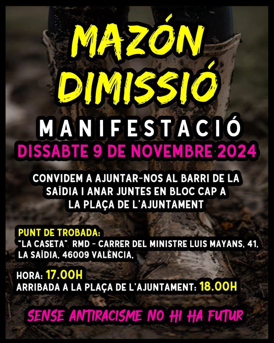 🟣Ens unim a la convocatòria de dissabte 9 a les 18h per a exigir la dimissió de Carlos Mazón per la seua gestió criminal de la dana.

✊🏽Mentre les xarxes de suport mutu lluiten per ajudar les persones i els pobles afectats, és també moment de demanar responsabilitats polítiques.
