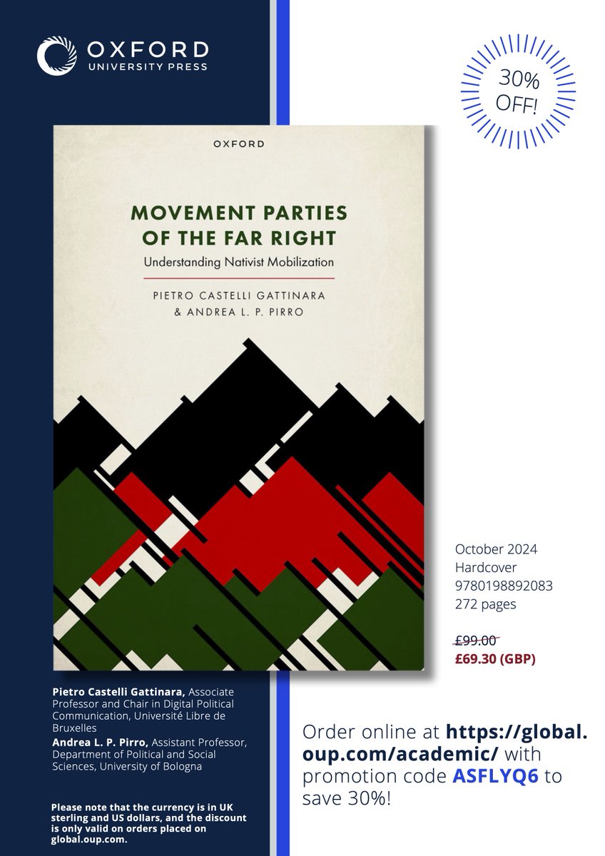 [OUT]  'Movement Parties of the Far Right. Understanding Nativist Mobilization', new book by <a href="/PietroCastelliG/">Pietro Castelli</a>, professor at SciencePo ULB (#Cevipol), in collaboration with <a href="/AndreaPirro/">Andrea Pirro</a>, published with <a href="/OUPAcademic/">Oxford Academic</a> - now 30% off 
global.oup.com/academic/produ…
