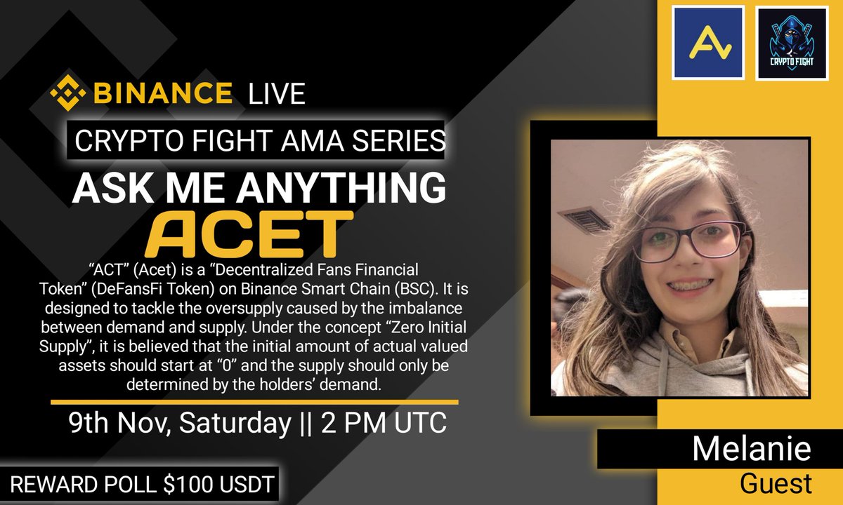 Crypto Fight (@cryptofight_gl) on Twitter photo 🔊 #BinanceLiveAMA with "ACET" Hosted by “Crypto Fight”
⏰Time : 9th Nov, 2024,
: At 2 PM UTC
🎖️Reward: $100 USDT🎖️
🏠Venue: binance.com/en/live/video?…
📌Rules:
1️⃣Follow : <a href="/ACTDeFansFi/">ACT - Acet</a>
2️⃣Follow : <a href="/CryptoFight_gl/">Crypto Fight</a>
3️⃣Like, RT, Tag 3 Friends 🔊 #BinanceLiveAMA with "ACET" Hosted by “Crypto Fight”
⏰Time : 9th Nov, 2024,
: At 2 PM UTC
🎖️Reward: $100 USDT🎖️
🏠Venue: binance.com/en/live/video?…
📌Rules:
1️⃣Follow : <a href="/ACTDeFansFi/">ACT - Acet</a>
2️⃣Follow : <a href="/CryptoFight_gl/">Crypto Fight</a>
3️⃣Like, RT, Tag 3 Friends