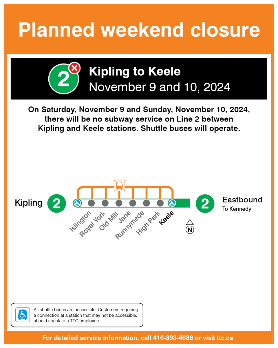 TTCnotices's tweet photo. This weekend, there will be no subway service on Line 2 Bloor-Danforth between Kipling and Keele due to planned track work. Shuttle buses will operate. https://t.co/vqOUMKEksb