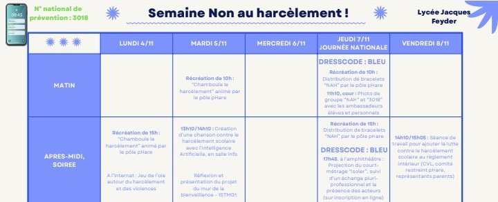 La cellule #pHARe du lycée Jacques Feyder d'<a href="/epinaysurseine/">Épinay-sur-Seine</a> a organisé la semaine "NON au #HarcelementScolaire !", rythmée par de nombreuses activités. Temps fort aujourd'hui #7novembre2024: Tous en bleu au lycée avec les ambassadeurs qui ont immortalisé cette journée réussie👏🏿.