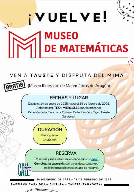 SAPMciruelos's tweet photo. El Museo de Matemáticas vuelve. Desde el 14 de enero de 2025 hasta el 19 de febrero de 2025 estará en #Tauste. Reservas y más información en https://t.co/cID9a8Okfq https://t.co/E4TRo8zLuX