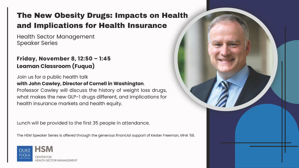 David Ridley (@dave_ridley) on Twitter photo Prof. <a href="/cawley_john/">John Cawley</a> will give 2 talks at <a href="/DukeU/">Duke University</a> on Friday:
• 12:45 PM in Fuqua's Leaman classroom: “The New Obesity Drugs: Impacts on Health and Implications for Health Insurance”
• 3:00 PM in Social Sciences 111: “The Effects of Taxes on Sugar-Sweetened Beverages” Prof. <a href="/cawley_john/">John Cawley</a> will give 2 talks at <a href="/DukeU/">Duke University</a> on Friday:
• 12:45 PM in Fuqua's Leaman classroom: “The New Obesity Drugs: Impacts on Health and Implications for Health Insurance”
• 3:00 PM in Social Sciences 111: “The Effects of Taxes on Sugar-Sweetened Beverages”