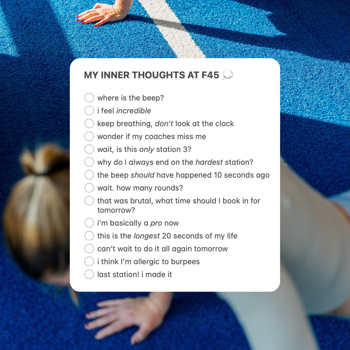 F45Training's tweet image. My inner monologue be like: 🗣️ What are 𝘆𝗼𝘂 adding to the list? #F45Training #F45 #TeamTraining