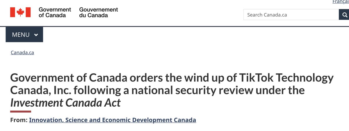 Woah. Canada orders TikTok Canada to shut down business operations in the country.

Decision based on intel from security agencies and govt partners - citing major national security concerns. 🧵