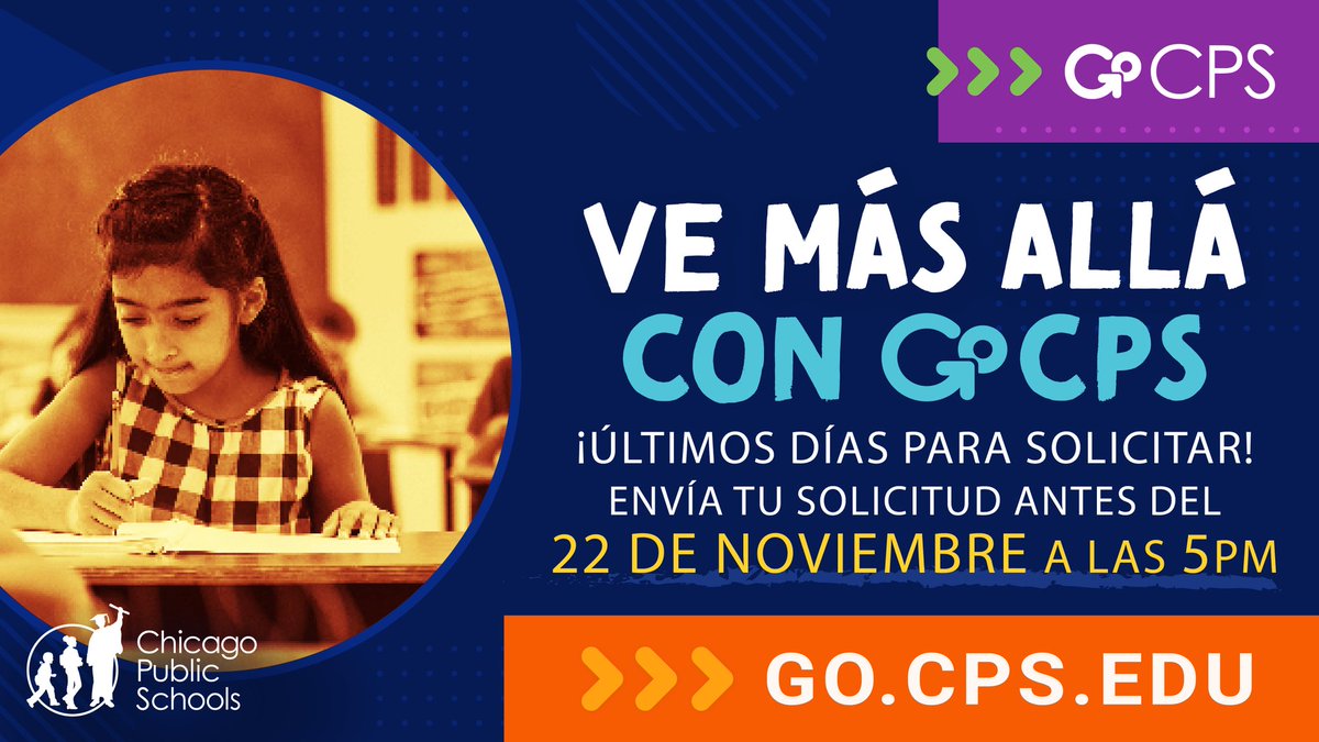 📢 Deadline Extended! GoCPS applications for the 2025–26 school year are now due by November 22, 2024, at 5 p.m. bit.ly/3UKtQuK

Explore all available academic programs and apply today at bit.ly/3UGD4rE
_____
📢 ¡Pospuesta la fecha límite! El plazo para