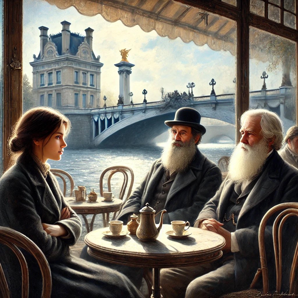 1/  
Paris... Seine Nehri’nin huzur veren sesi, sokak sanatçılarının melodileri ve bir kafenin kıyısındaki üç sandalye... Bir genç kadın, Victor Hugo ve Tolstoy’la aynı masada oturmuş. Peki, bu nasıl mümkün oldu? Biraz geriye saralım. 👇