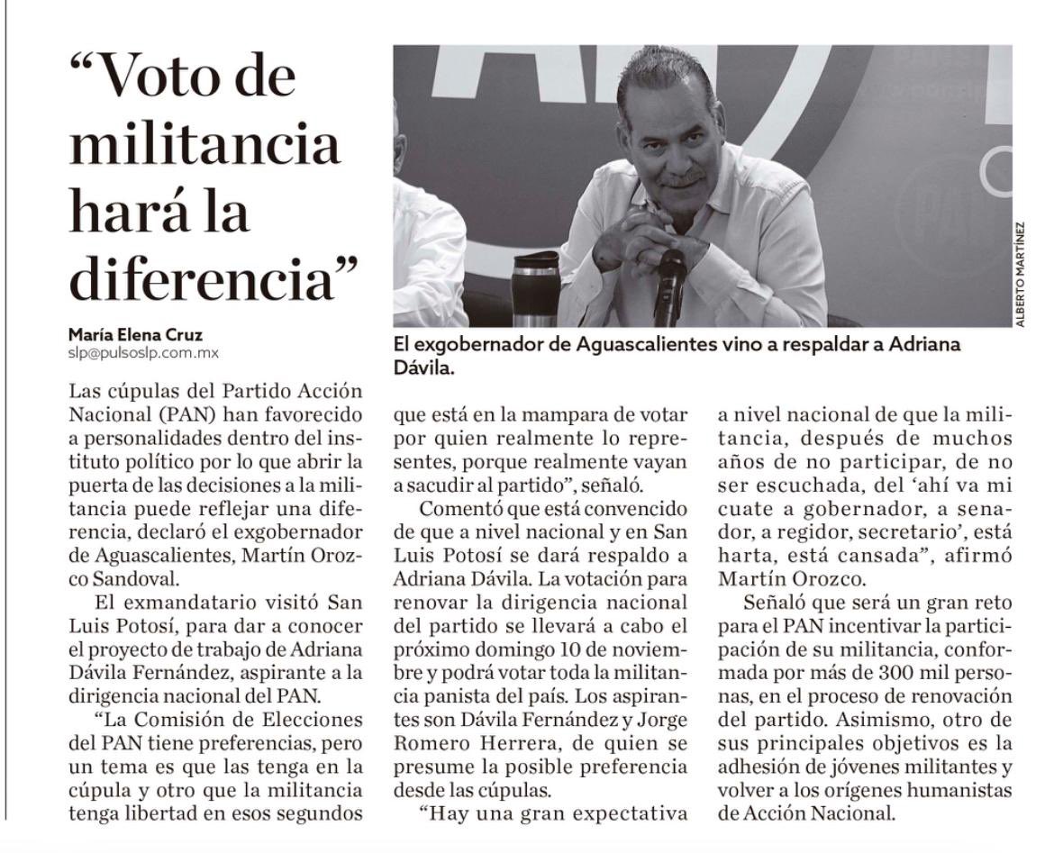 Adriana Dávila (@adrianadavilaf) on Twitter photo Coincido con <a href="/MartinOrozcoAgs/">Martín Orozco</a>, las dirigencias de <a href="/AccionNacional/">Acción Nacional</a> deben de estar al servicio de la militancia para defender al país y a los mexicanos.
Debemos volver a nuestros orígenes y sumar a miles de jóvenes a la causa del PAN. <a href="/pulso_mx/">Pulso Online</a>
🗳️ El 10 de Noviembre VotaXAdriana Coincido con <a href="/MartinOrozcoAgs/">Martín Orozco</a>, las dirigencias de <a href="/AccionNacional/">Acción Nacional</a> deben de estar al servicio de la militancia para defender al país y a los mexicanos.
Debemos volver a nuestros orígenes y sumar a miles de jóvenes a la causa del PAN. <a href="/pulso_mx/">Pulso Online</a>
🗳️ El 10 de Noviembre VotaXAdriana