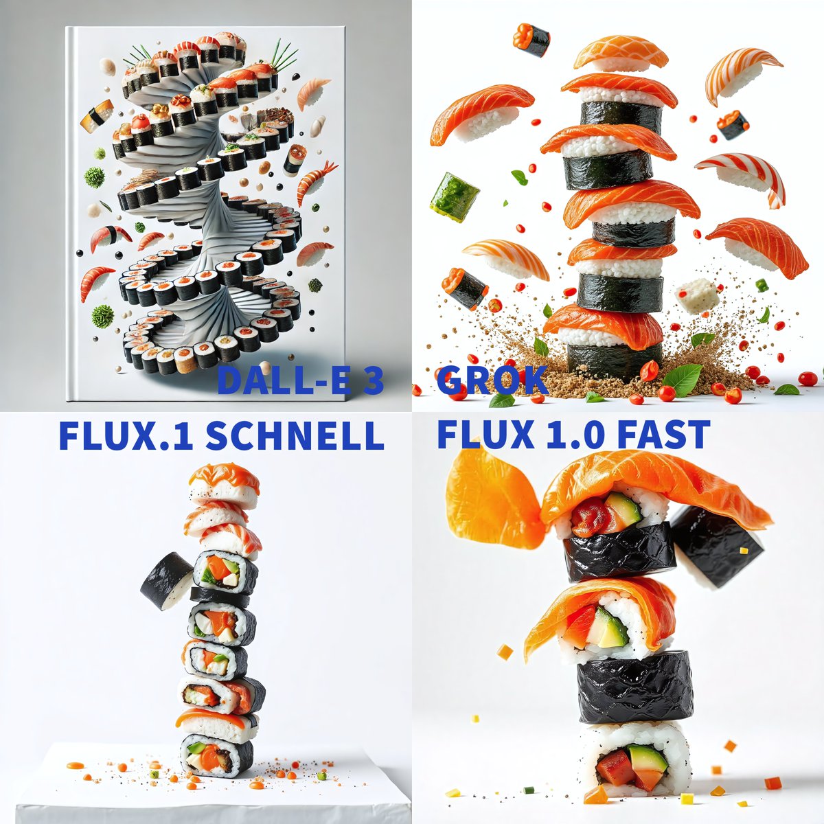 kerimtalkstech's tweet photo. Sushi Tower
Text-to-Image comparison of 4 different models
#GROK2
#DALLE3
#FLUX1.0
#FLUXSCHNELL
Prompt: A creative tower composition of flying imbalanced sushi, magazine cover design, white background, high detail
#text2image #aicomparison #aiart #sushi #sushitower https://t.co/p8IUQoWtpy