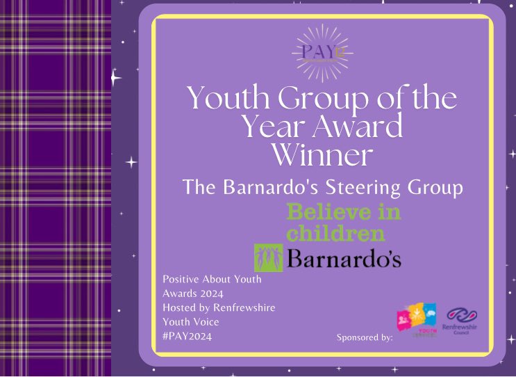 The winner of this year’s Youth Group of the Year Award are…

The Bernardo’s Steering Group! ⭐️
For organising events for the community and working to address issues facing young people on renfrewshire.