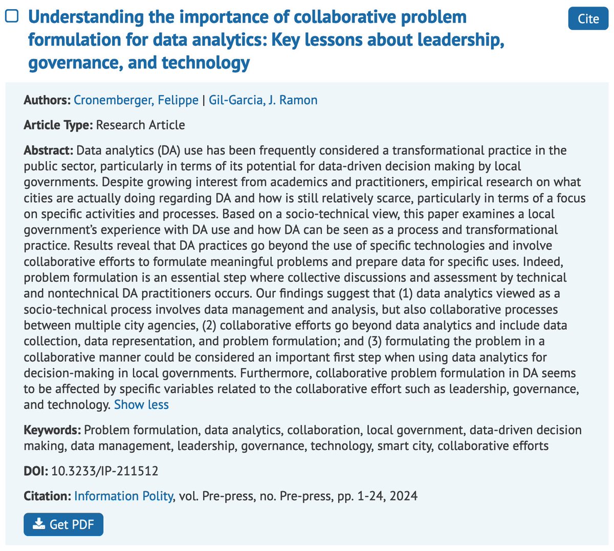 Information Polity (@informationpol2) on Twitter photo Discover how local government leverages data analytics! 📊 A case study on Syracuse, NY, by <a href="/FCronemberger/">Felippe A. Cronemberger</a> & <a href="/jramongilgarcia/">J. Ramon Gil-Garcia</a> reveals insights on #leadership, #governance, and #technology. Dive into the findings: lnkd.in/eg24VhzX Discover how local government leverages data analytics! 📊 A case study on Syracuse, NY, by <a href="/FCronemberger/">Felippe A. Cronemberger</a> & <a href="/jramongilgarcia/">J. Ramon Gil-Garcia</a> reveals insights on #leadership, #governance, and #technology. Dive into the findings: lnkd.in/eg24VhzX