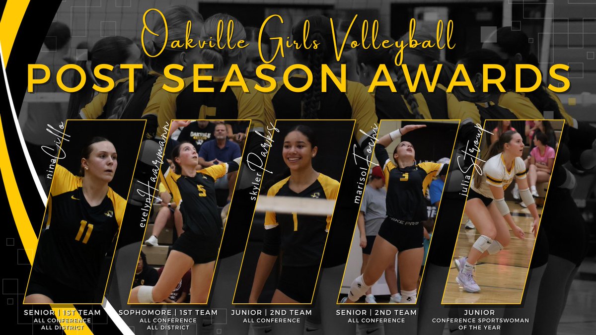 Congrats to the following players for Post season awards!

1st Team All-Conference &amp; All-District:
Nina Cillo &amp; Evelyn Haarmann

2nd Team All-Conference:
Skyler Parks &amp; Marisol Fochi

Conference Sportswoman of the Year:
Julia Stroup

<a href="/OHS_Tigers/">Oakville High School</a> <a href="/BCzuppon/">Becky Czuppon, OHS A.D.</a>